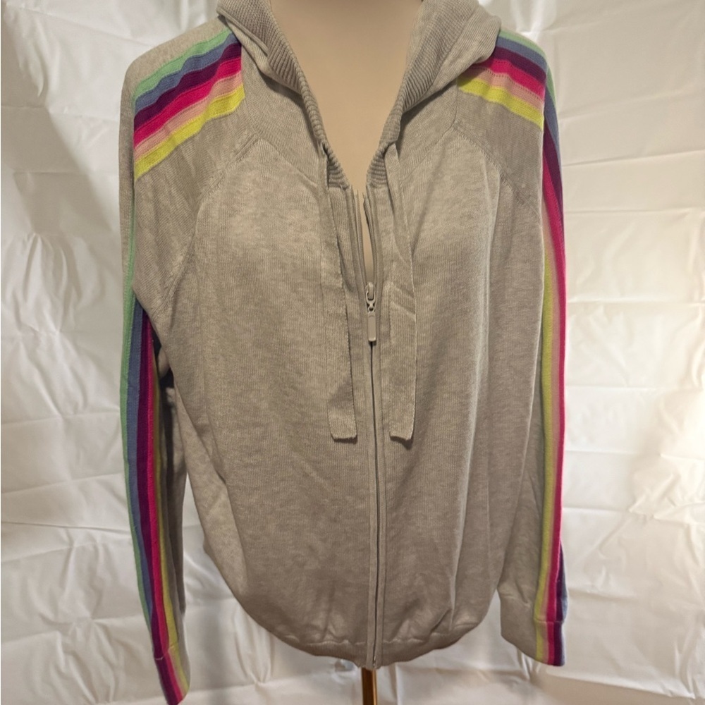 Gray Long Sleeve Hooded Sweatshirt with Yellow and Purple Stripes